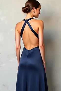Navy Deep V Neck Bainha Cetim Vestido Formal com Fenda