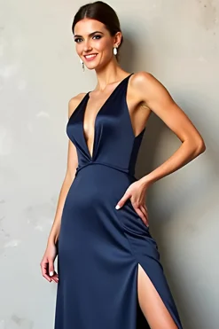 Navy Deep V Neck Bainha Cetim Vestido Formal com Fenda