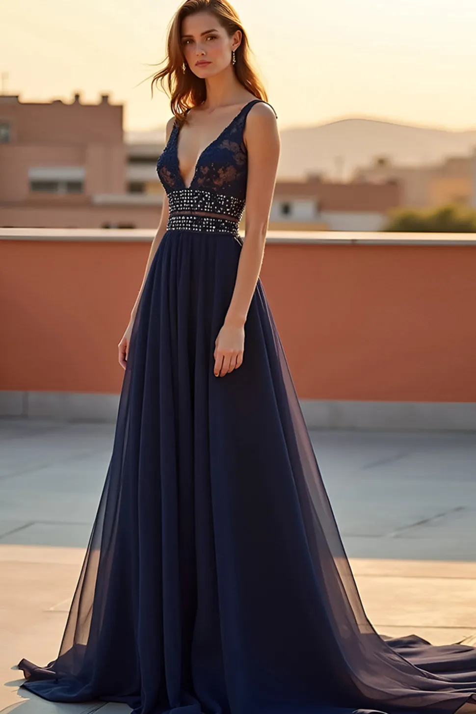 Navy Deep V-Neck Tulle Uma linha vestido formal com frisos