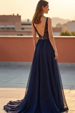 Navy Deep V-Neck Tulle Uma linha vestido formal com frisos