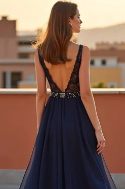 Navy Deep V-Neck Tulle Uma linha vestido formal com frisos