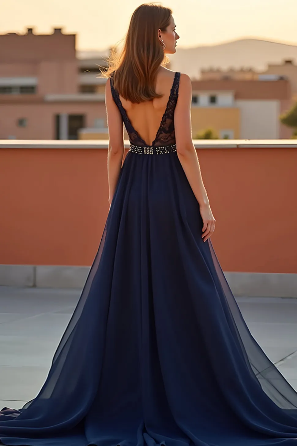 Navy Deep V-Neck Tulle Uma linha vestido formal com frisos