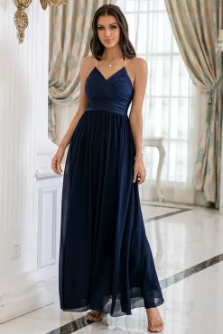 Navy Halter Backless Long Chiffon Bridesmaid Dress