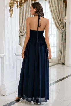 Navy Halter Backless Long Chiffon Bridesmaid Dress