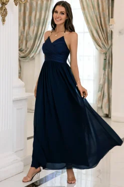 Navy Halter Backless Long Chiffon Bridesmaid Dress