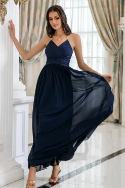 Navy Halter Backless Long Chiffon Bridesmaid Dress