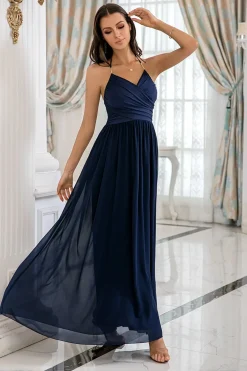 Navy Halter Backless Long Chiffon Bridesmaid Dress