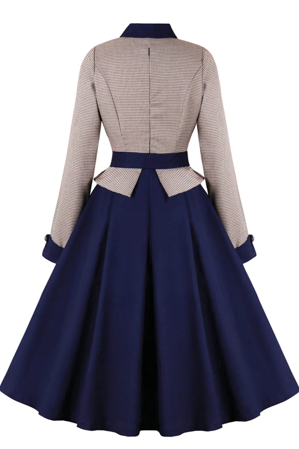 Navy Houndstooth Belted Mangas Longas Vestido dos anos 1950