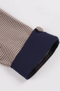Navy Houndstooth Belted Mangas Longas Vestido dos anos 1950