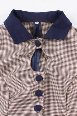 Navy Houndstooth Belted Mangas Longas Vestido dos anos 1950