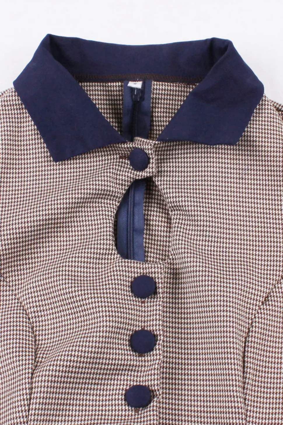 Navy Houndstooth Belted Mangas Longas Vestido dos anos 1950