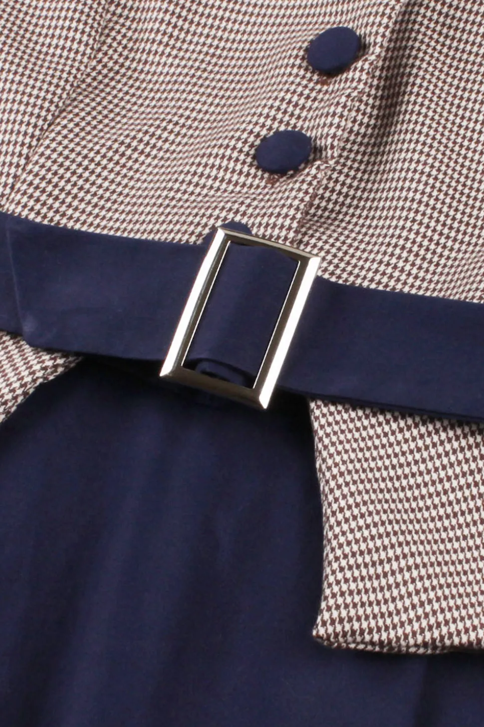 Navy Houndstooth Belted Mangas Longas Vestido dos anos 1950