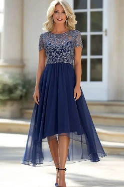 Navy Lace Tulle Uma Linha Scoop Pescoço Mangas Curtas Mãe do Vestido da Noiva