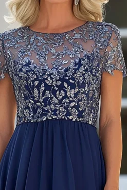 Navy Lace Tulle Uma Linha Scoop Pescoço Mangas Curtas Mãe do Vestido da Noiva