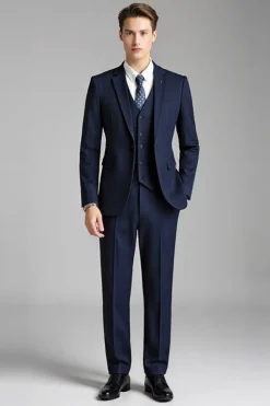 Navy Notched Lapel Slim Fit 3 Peças Pinstripe Fato Homem