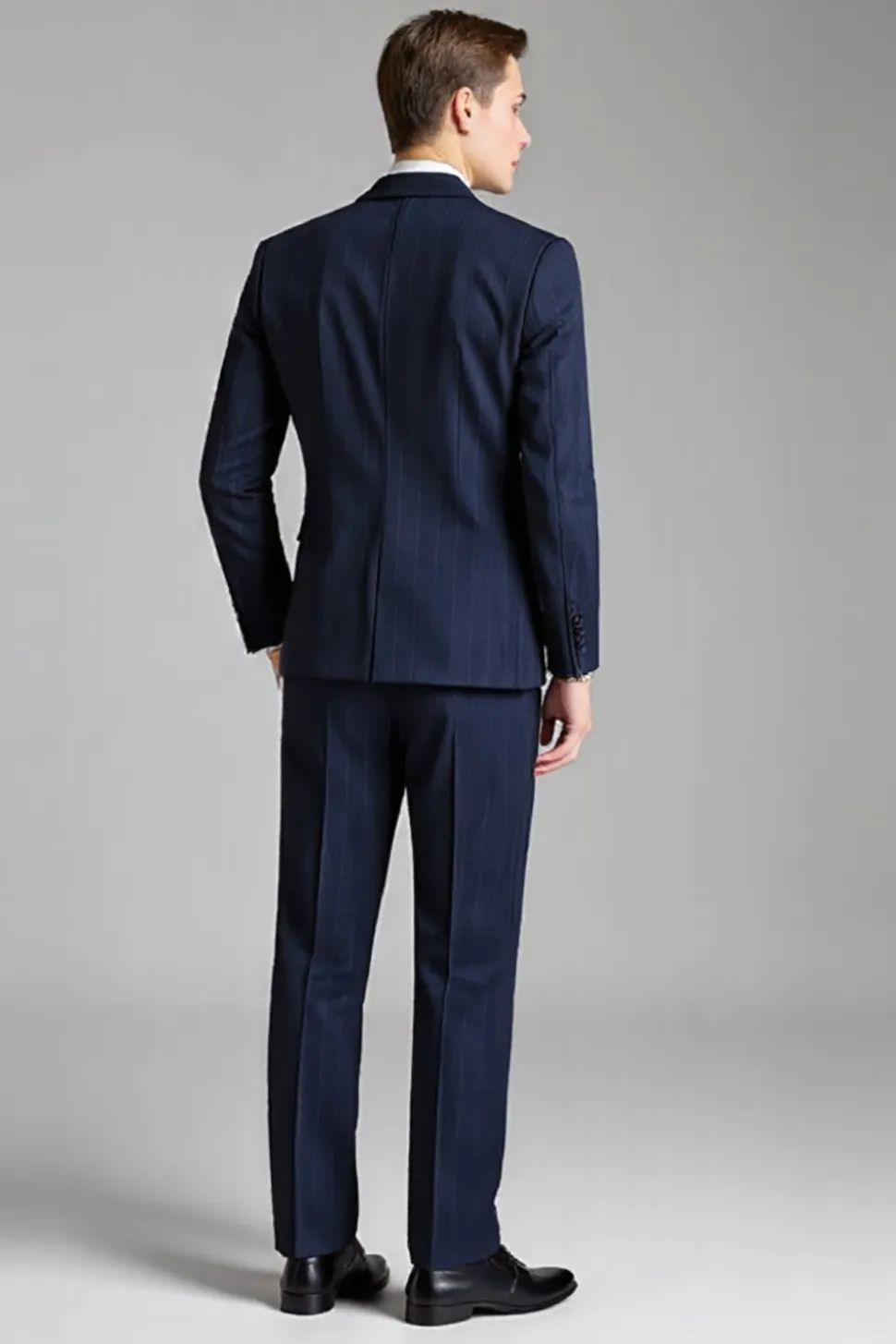 Navy Notched Lapel Slim Fit 3 Peças Pinstripe Fato Homem
