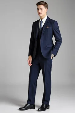Navy Notched Lapel Slim Fit 3 Peças Pinstripe Fato Homem