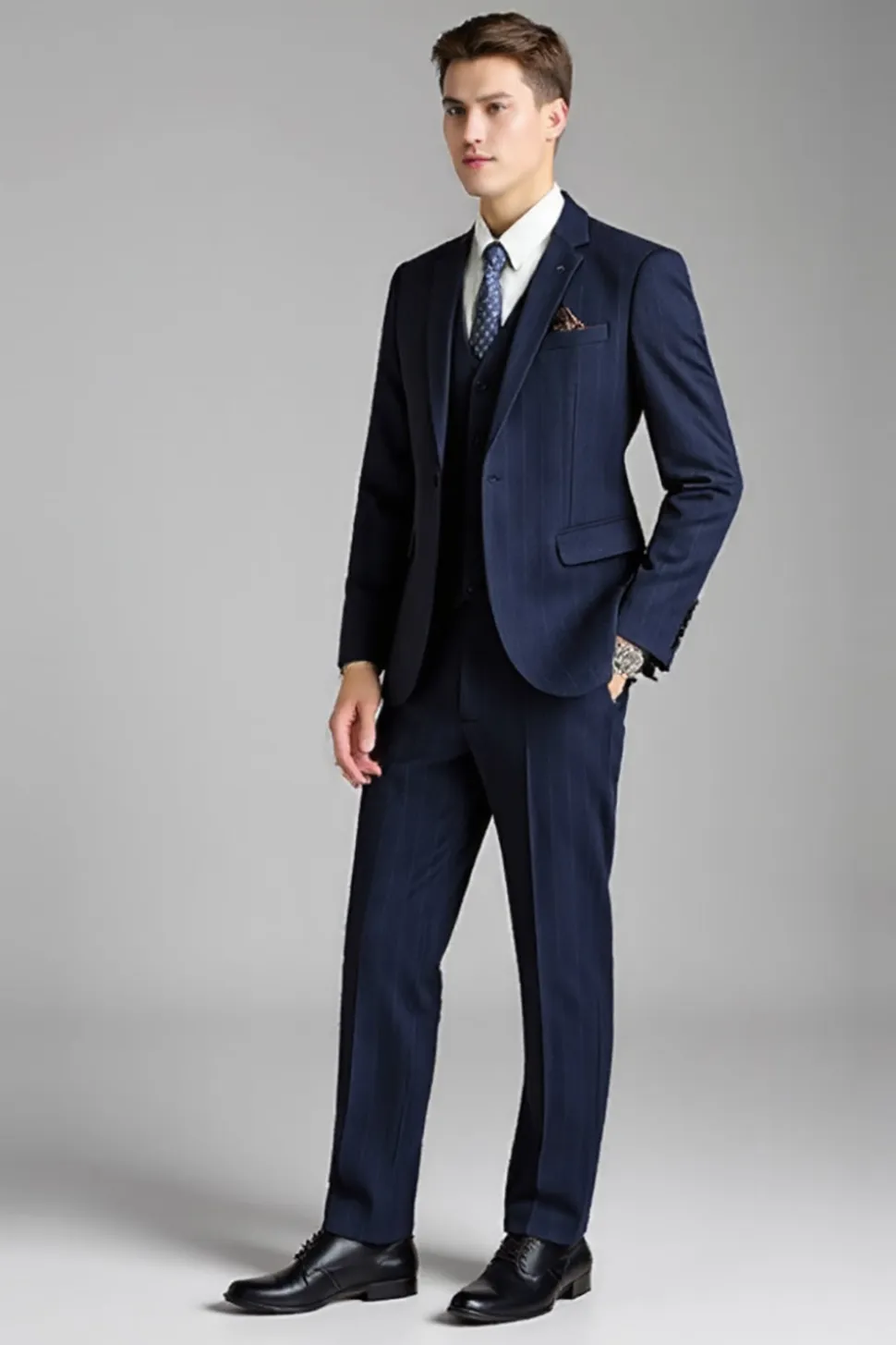 Navy Notched Lapel Slim Fit 3 Peças Pinstripe Fato Homem