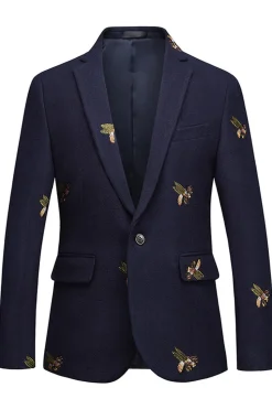 Navy Notched Lapela Um Botão Bordado Blazer Masculino