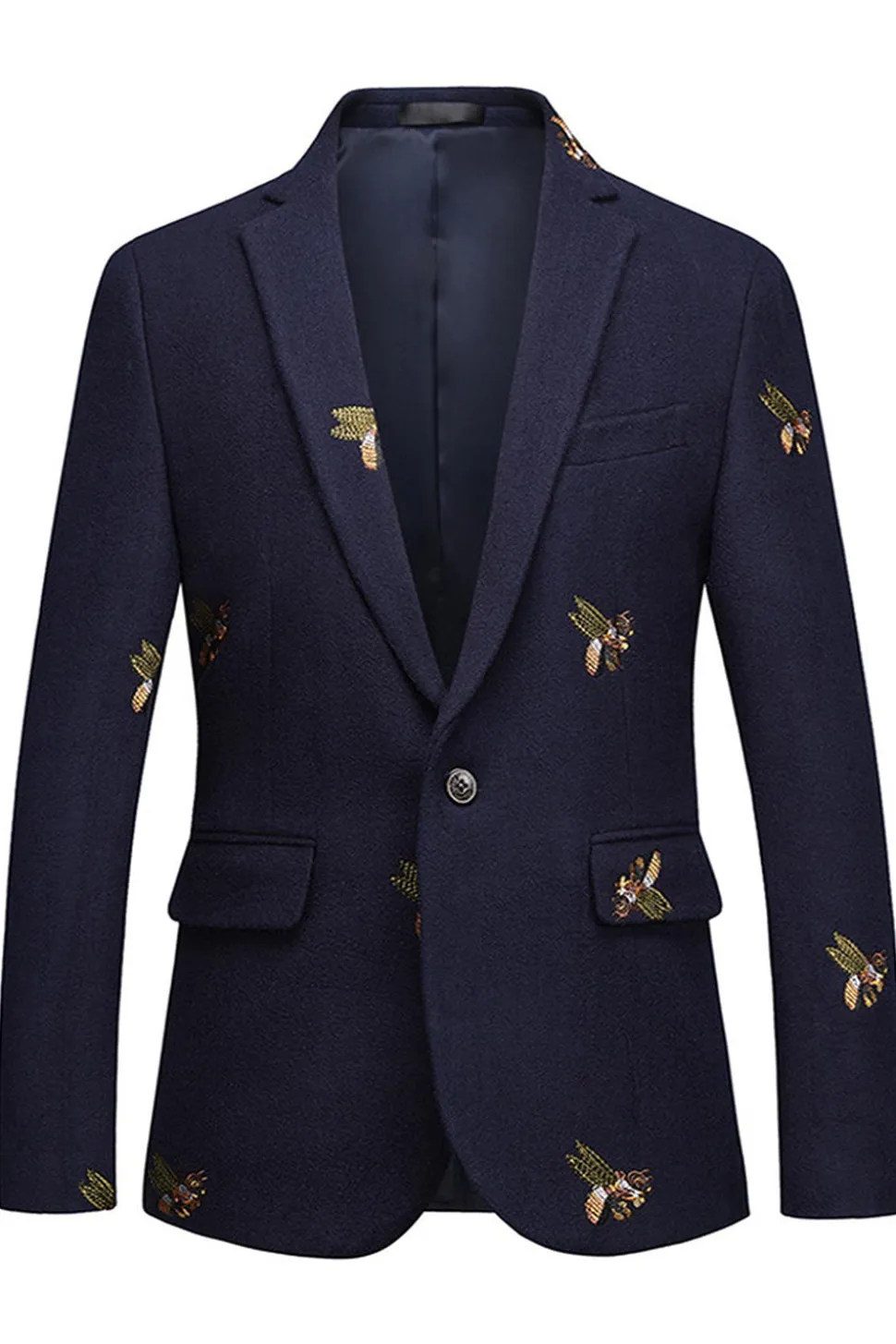 Navy Notched Lapela Um Botão Bordado Blazer Masculino