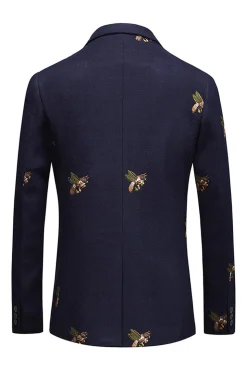 Navy Notched Lapela Um Botão Bordado Blazer Masculino