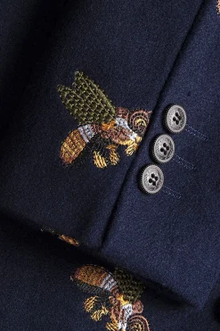 Navy Notched Lapela Um Botão Bordado Blazer Masculino