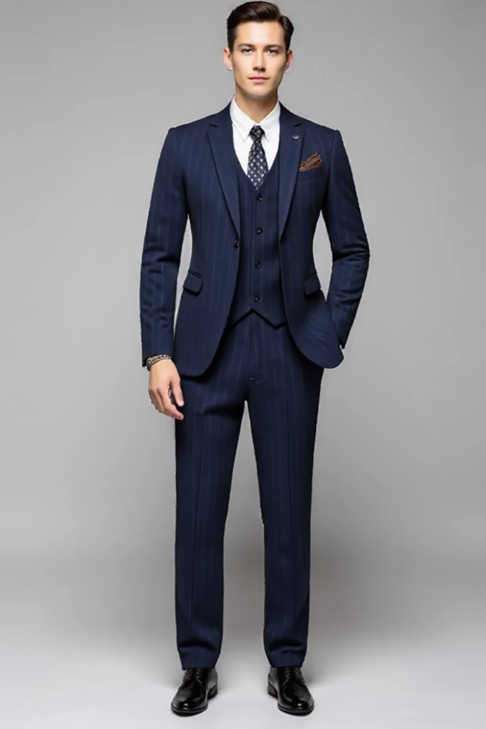 Navy Pinstripe 3 Peça Um Botão Notched Lapela Fato Homem
