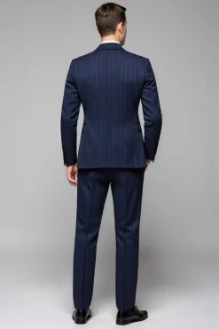 Navy Pinstripe 3 Peça Um Botão Notched Lapela Fato Homem