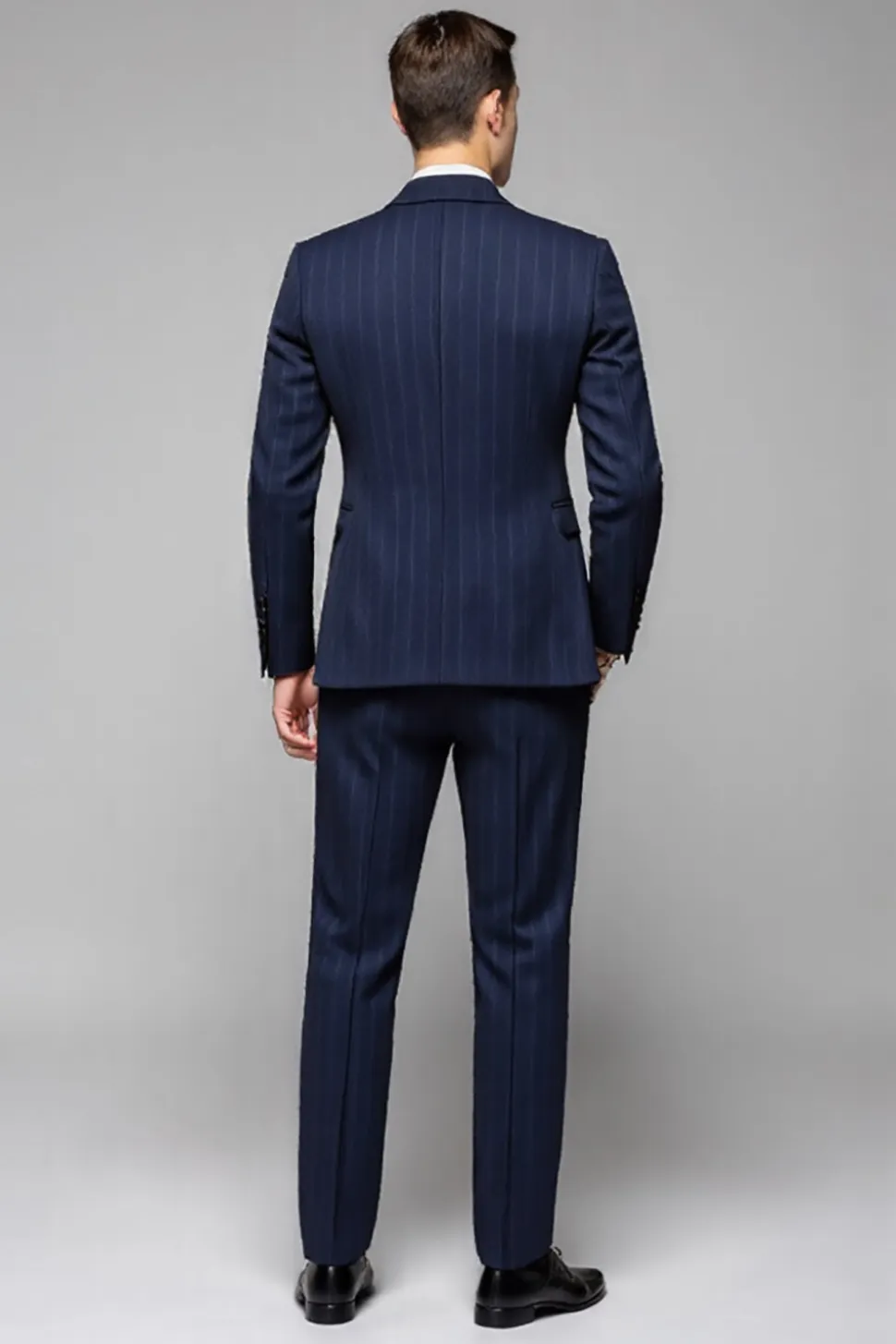 Navy Pinstripe 3 Peça Um Botão Notched Lapela Fato Homem