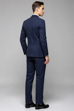 Navy Pinstripe 3 Peça Um Botão Notched Lapela Fato Homem