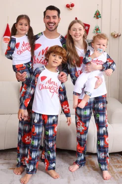 Navy Plaid Manga Longa Família Combinando Conjunto de Pijama