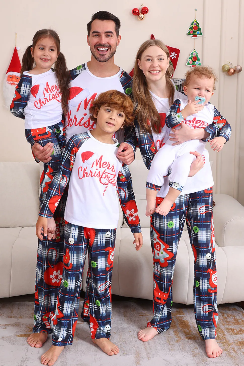 Navy Plaid Manga Longa Família Combinando Conjunto de Pijama