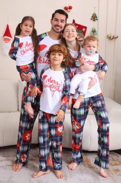 Navy Plaid Manga Longa Família Combinando Conjunto de Pijama
