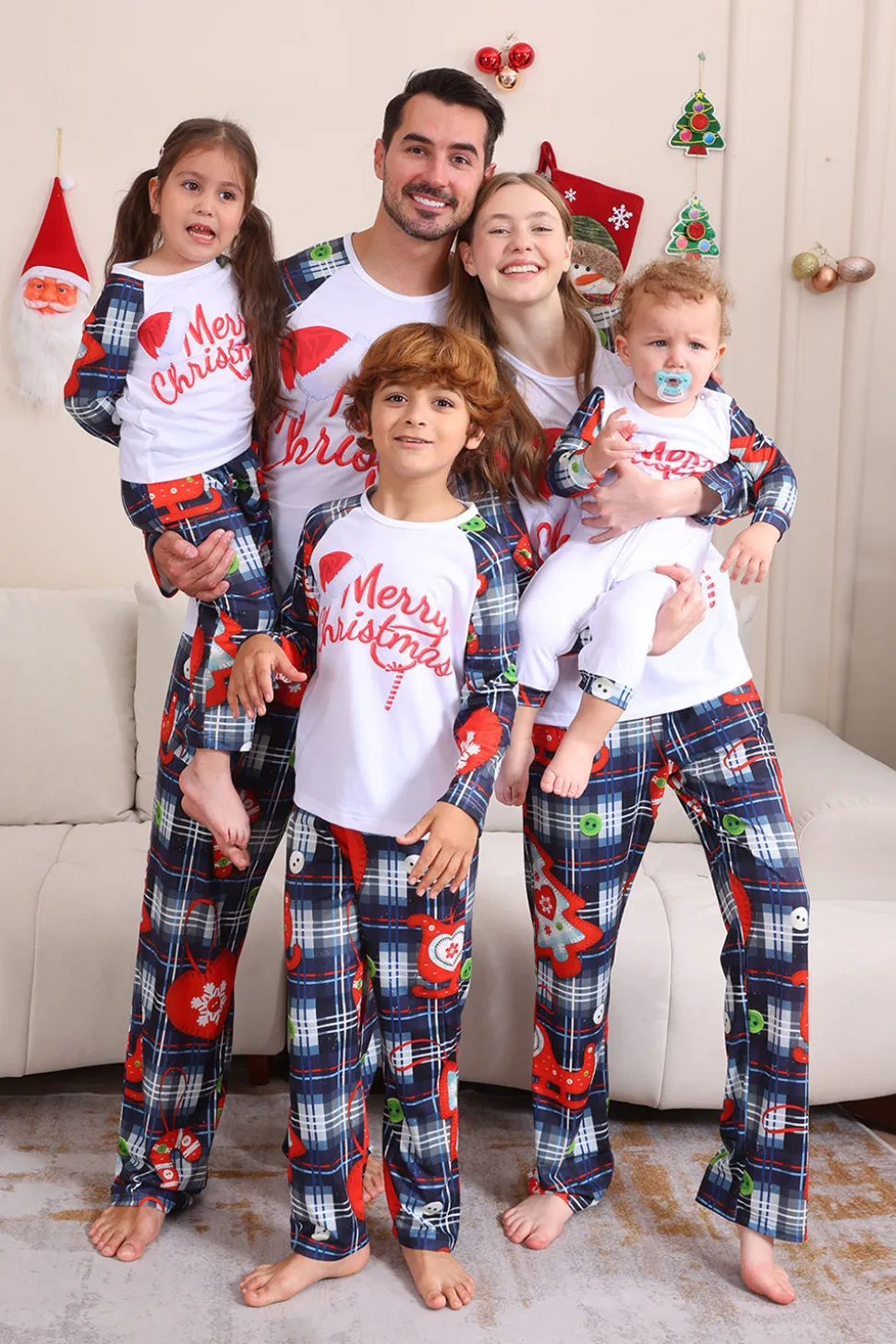 Navy Plaid Manga Longa Família Combinando Conjunto de Pijama