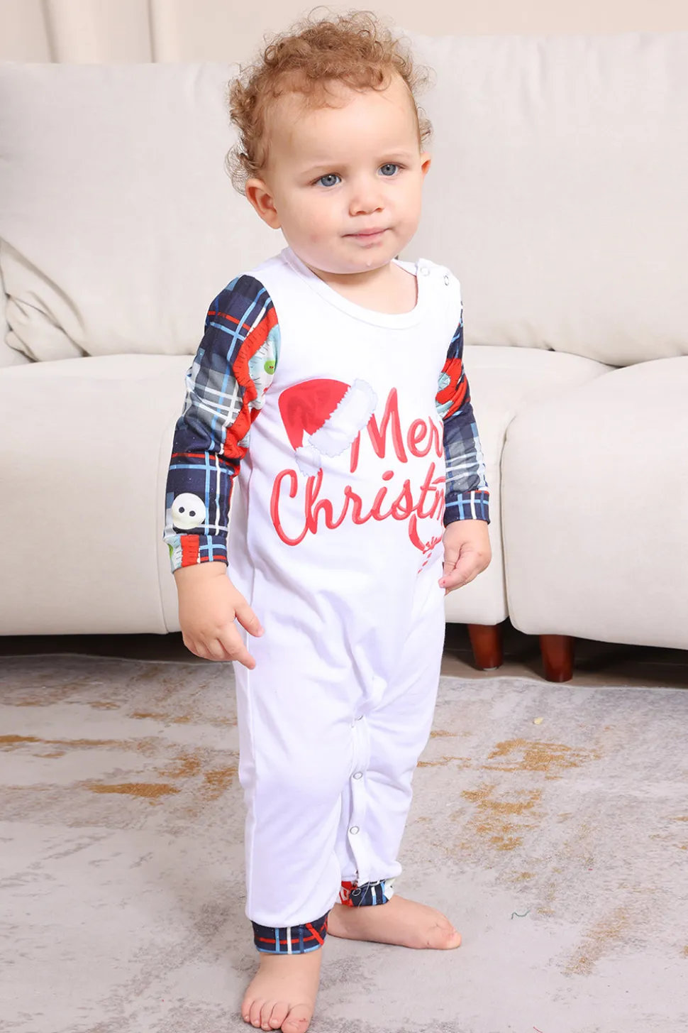 Navy Plaid Manga Longa Família Combinando Conjunto de Pijama