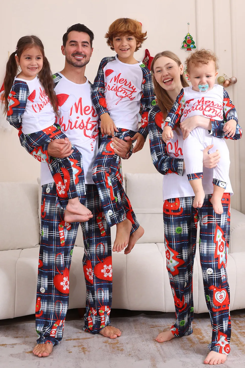 Navy Plaid Manga Longa Família Combinando Conjunto de Pijama
