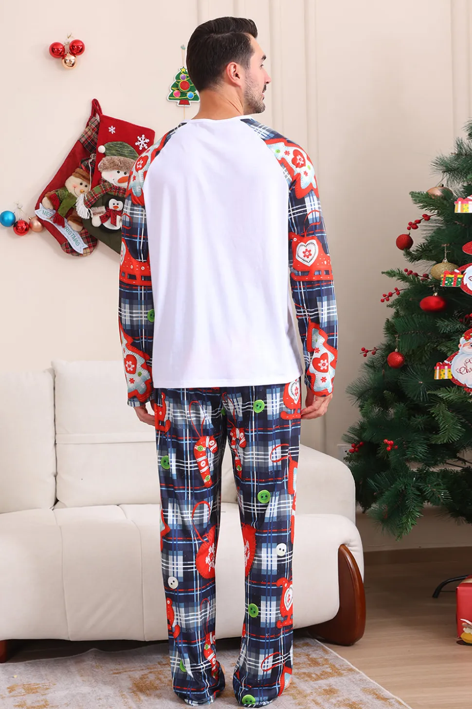 Navy Plaid Manga Longa Família Combinando Conjunto de Pijama