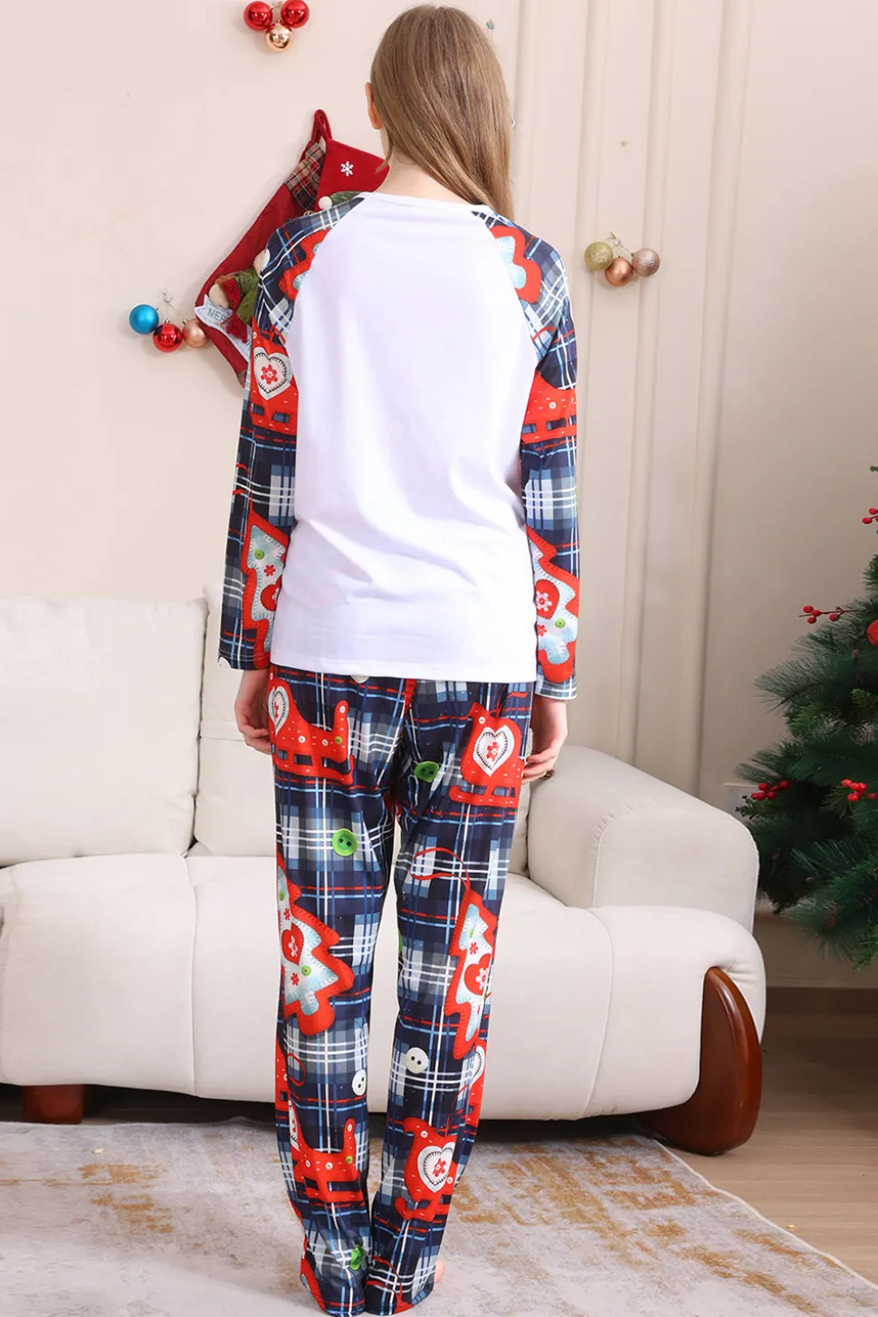 Navy Plaid Manga Longa Família Combinando Conjunto de Pijama