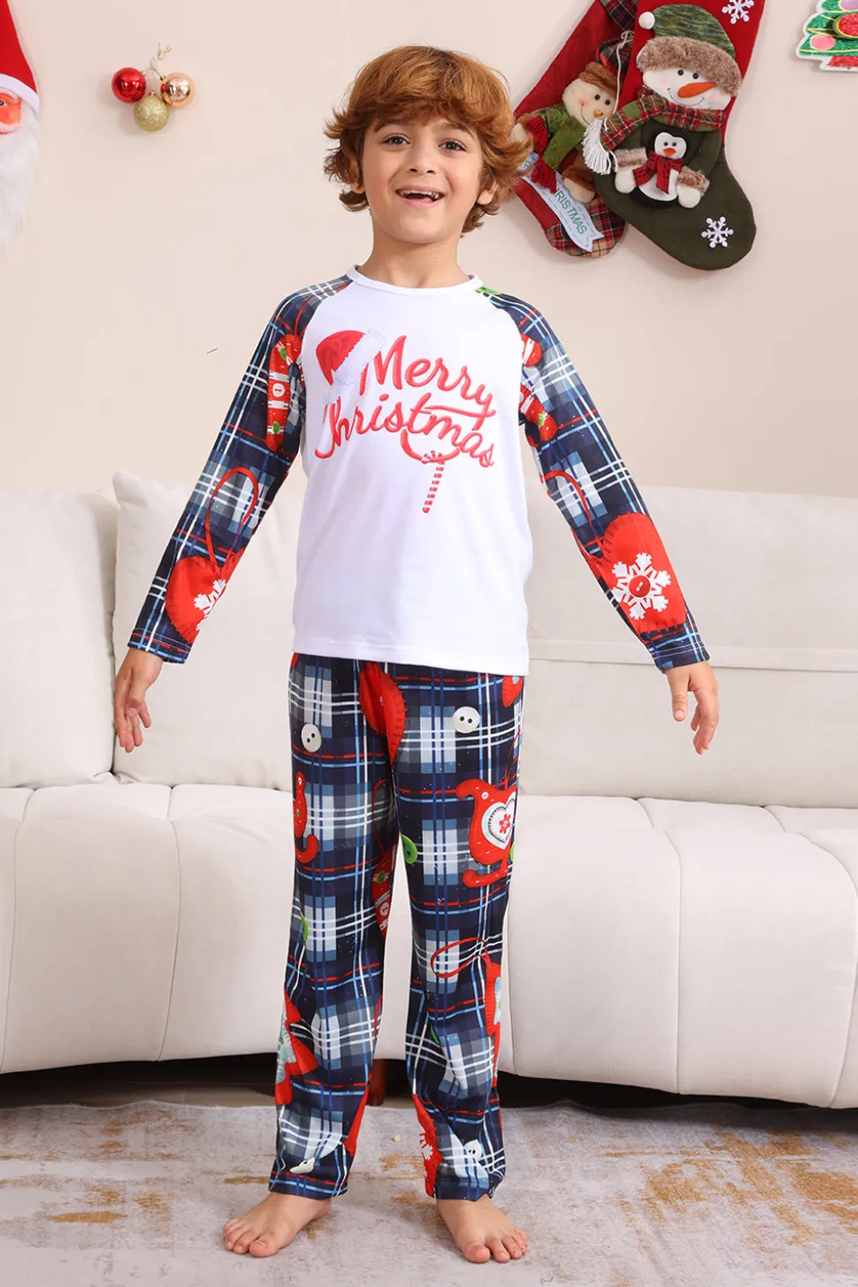 Navy Plaid Manga Longa Família Combinando Conjunto de Pijama