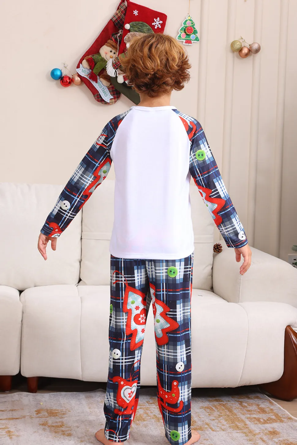 Navy Plaid Manga Longa Família Combinando Conjunto de Pijama