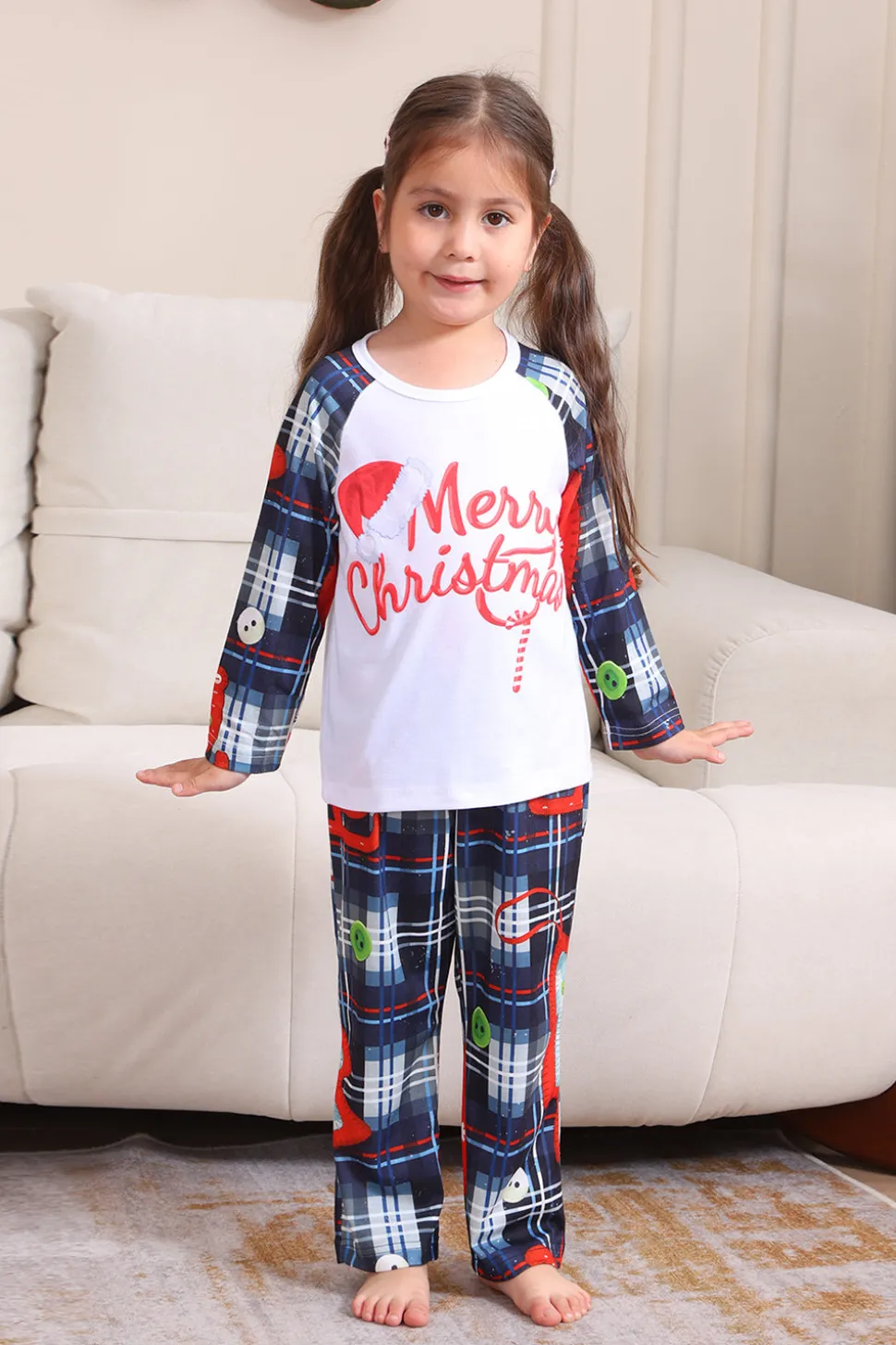 Navy Plaid Manga Longa Família Combinando Conjunto de Pijama