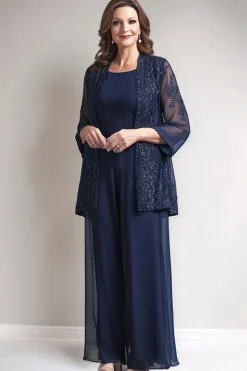 Navy Round Neck Sequin 2 peças Mother Pant ternos com apliques