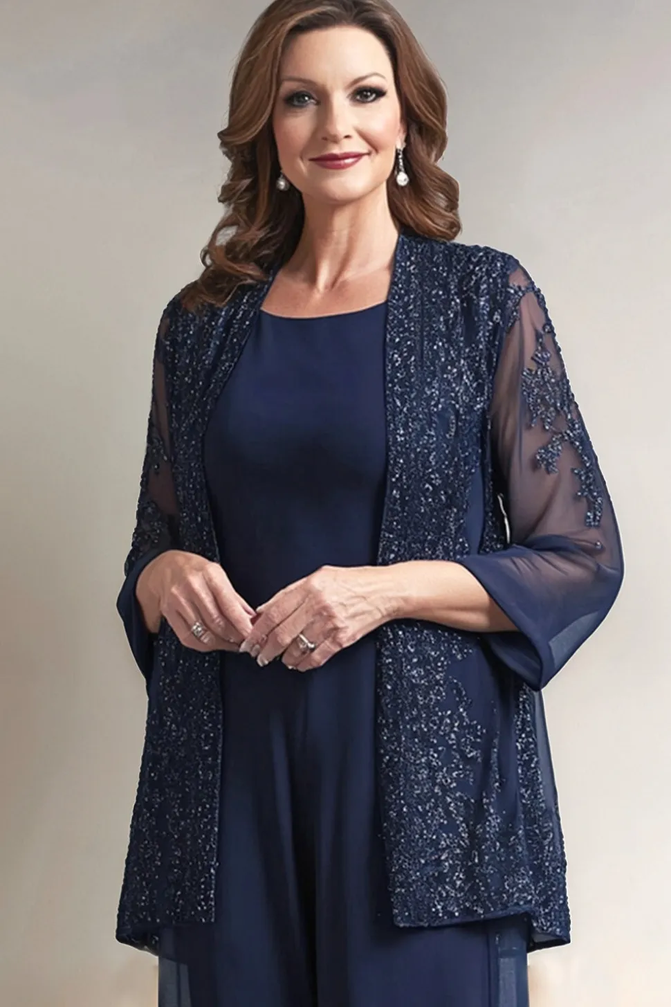 Navy Round Neck Sequin 2 peças Mother Pant ternos com apliques