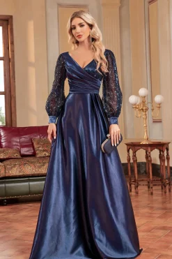 Navy Sequin Mangas Longas Uma Linha Mãe Da Noiva Dresse
