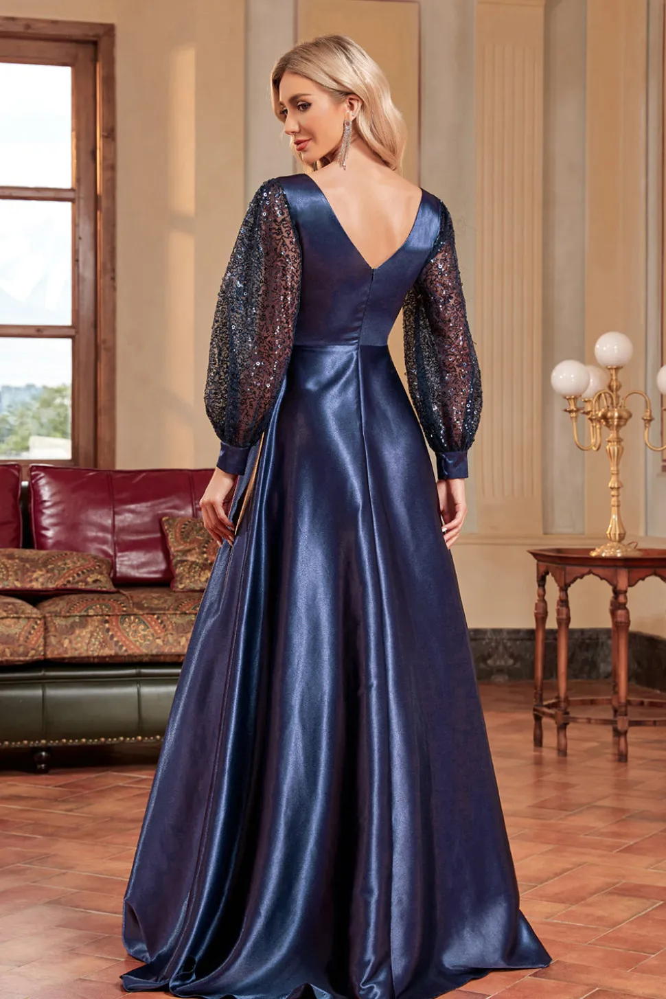 Navy Sequin Mangas Longas Uma Linha Mãe Da Noiva Dresse