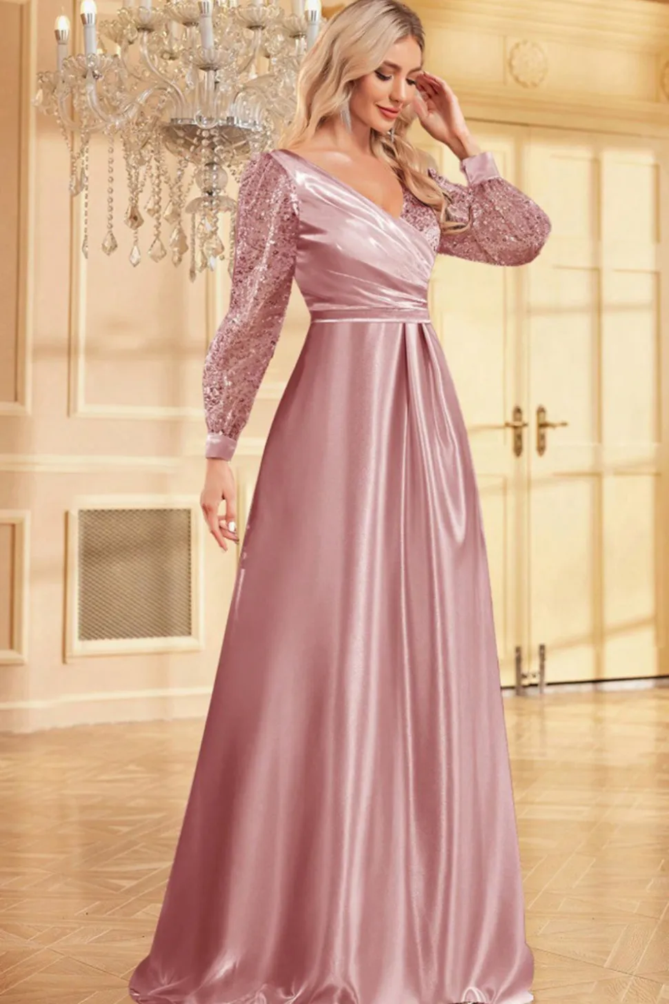 Navy Sequin Mangas Longas Uma Linha Mãe Da Noiva Dresse
