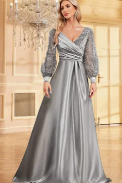 Navy Sequin Mangas Longas Uma Linha Mãe Da Noiva Dresse