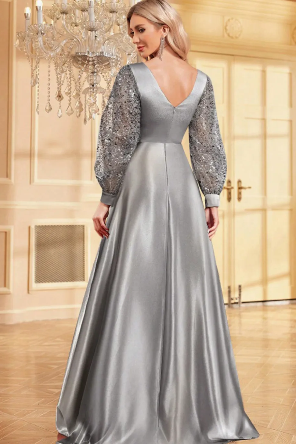 Navy Sequin Mangas Longas Uma Linha Mãe Da Noiva Dresse