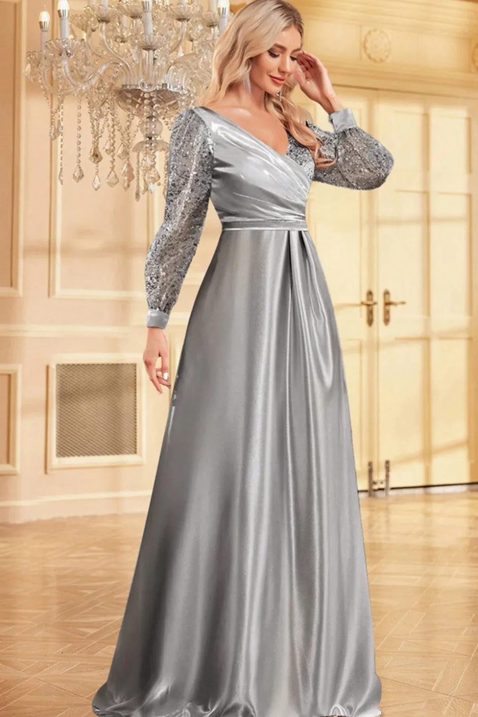 Navy Sequin Mangas Longas Uma Linha Mãe Da Noiva Dresse