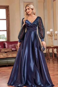 Navy Sequin Mangas Longas Uma Linha Mãe Da Noiva Dresse